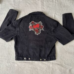 Vintage Women's embroidered patch emo  Punk biker Black Denim Moto Jacket Sz M
